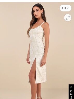 Lulu's Ivory Metallic Brocade Midi Dress with Thigh Slit